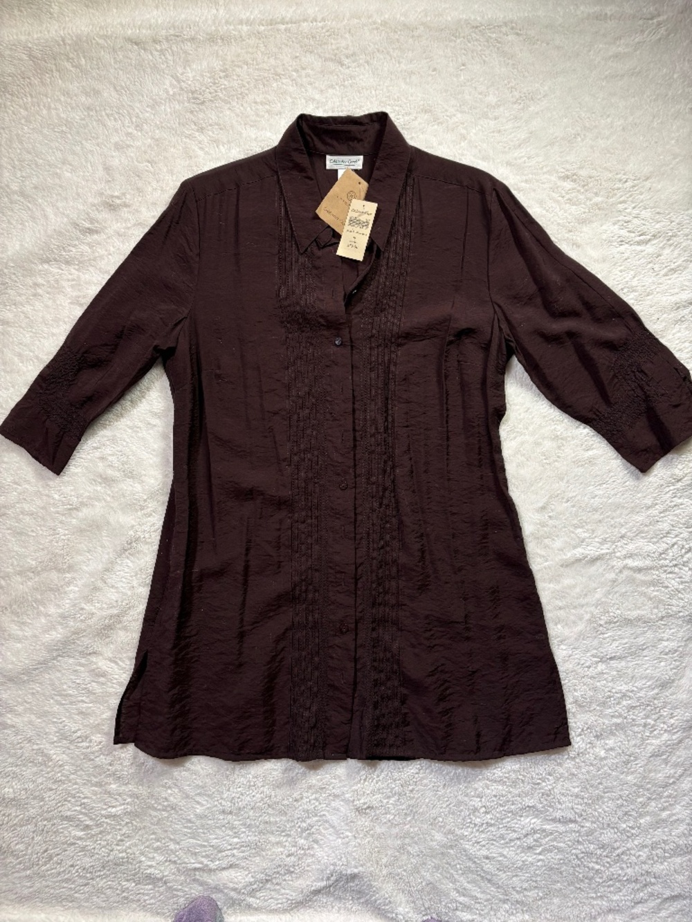 NOS Coldwater Creek Women's 3/4 Sleeve Pintuck Tunic PL - Brown